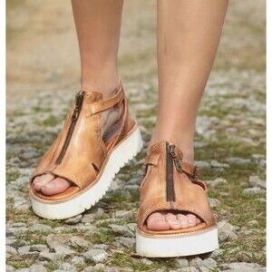 Bed Stu Tan Leather Zip Platform Sandals